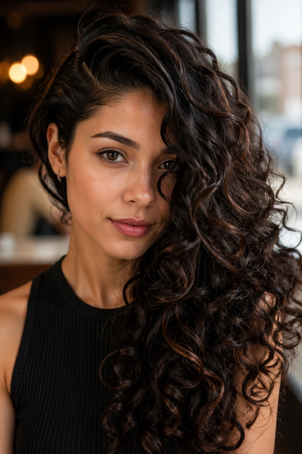 Close-up of a real woman with a deep side part and cascading curls.