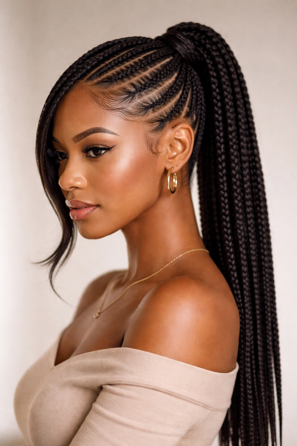 Three-quarter view of deep side-part cornrow ponytail