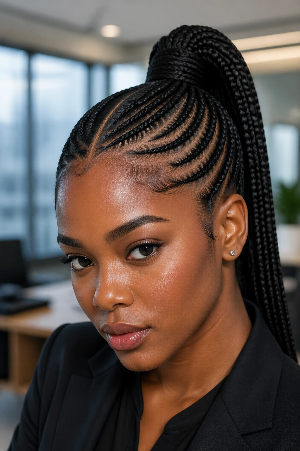 Close-up portrait of a real Black woman with a deep side-part cornrow ponytail