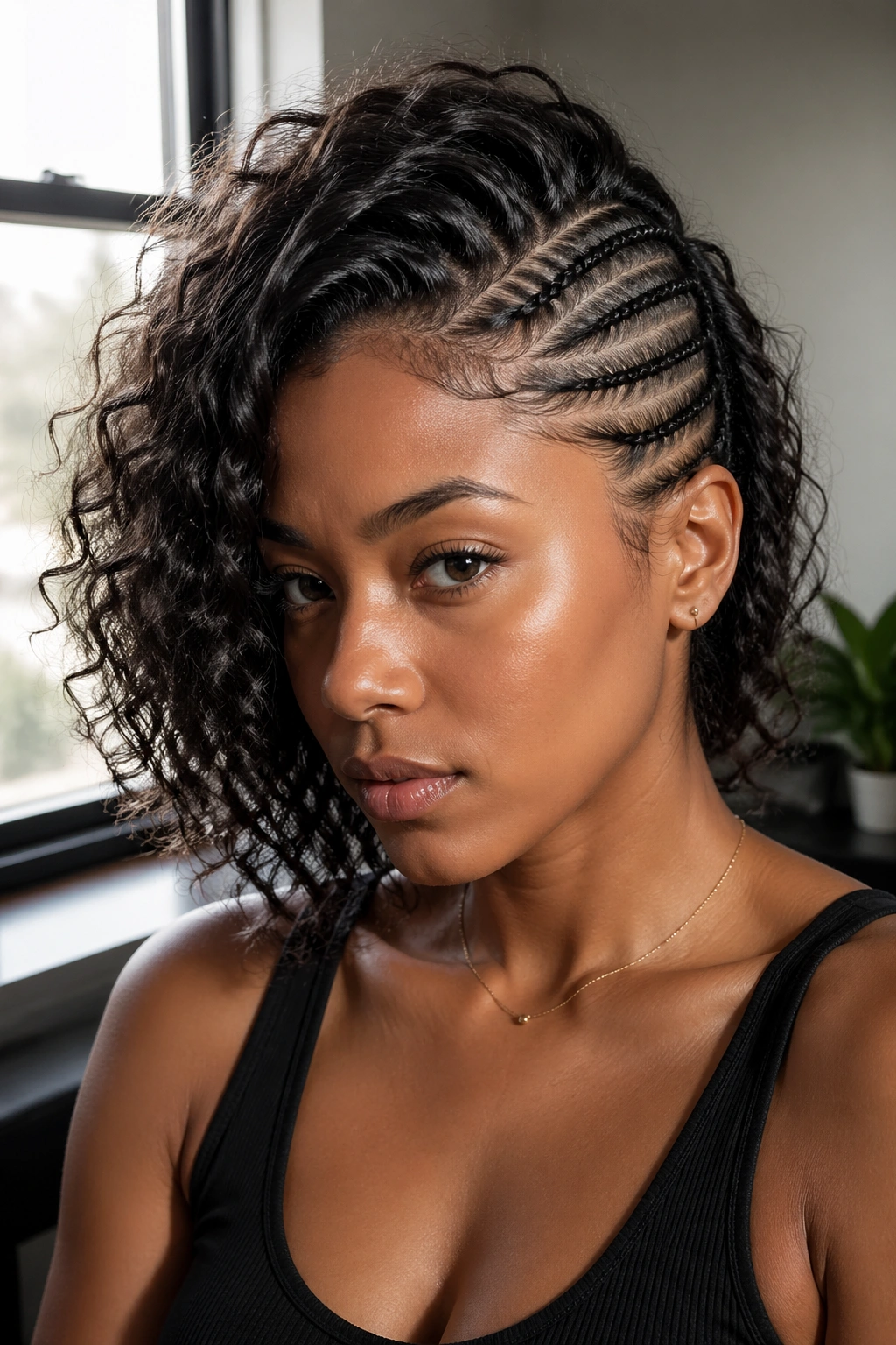 Portrait of a real woman with a deep side part and stacked half cornrows