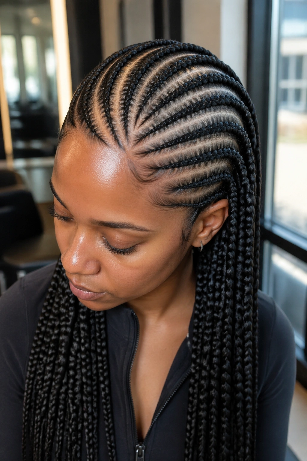 Real person with ten cornrows and deep side part