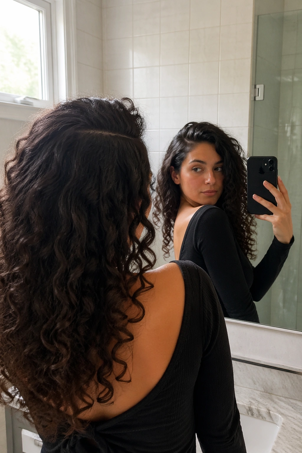 Over-the-shoulder mirror selfie of deep side-part curls.