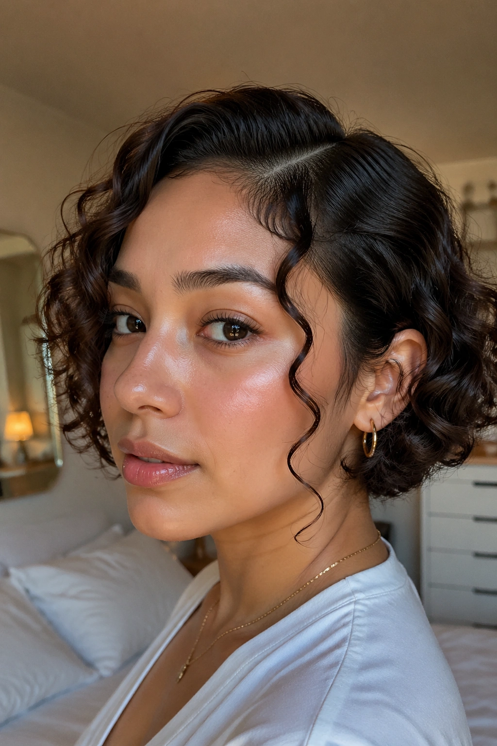 Close-up of a real woman with a short curly bob and a deep side part with tendrils around the cheeks.