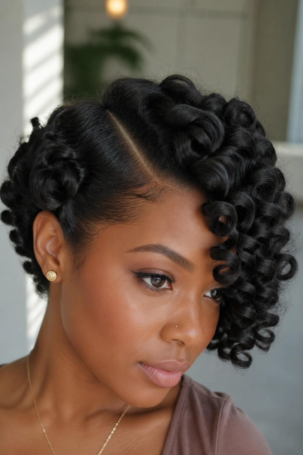 Close-up of a real woman with a deep side part and pin curls framing the face.