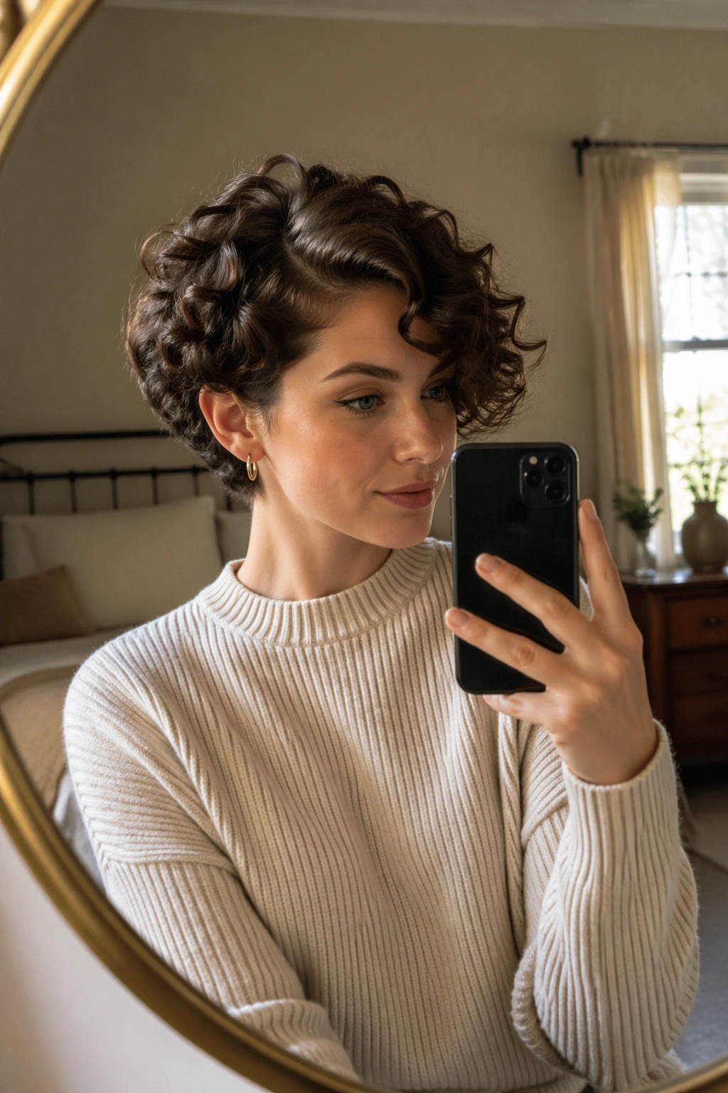 Deep side-part curly crop captured in a mirror selfie.