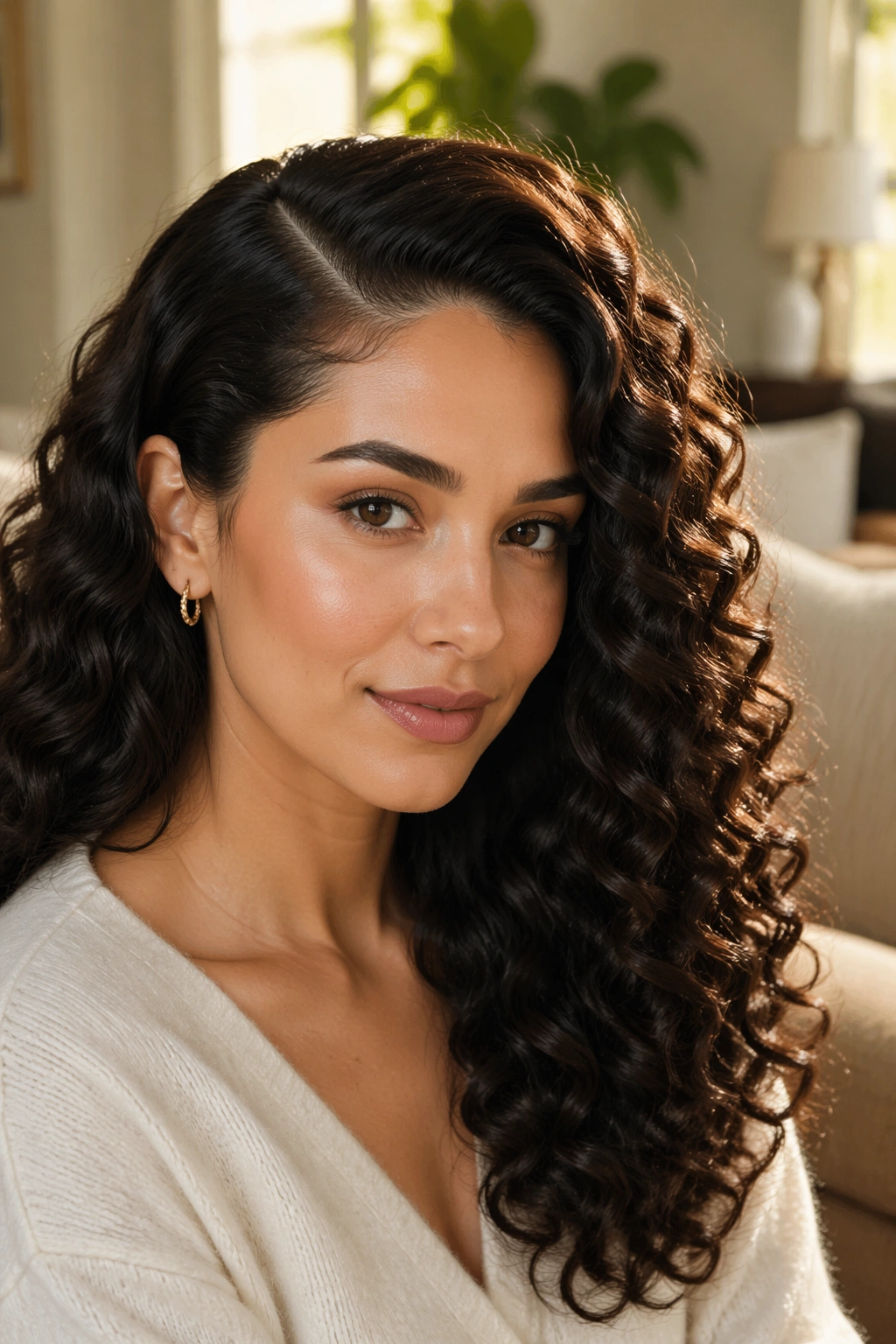 Close up portrait of a woman with a deep side part and glossy defined curls
