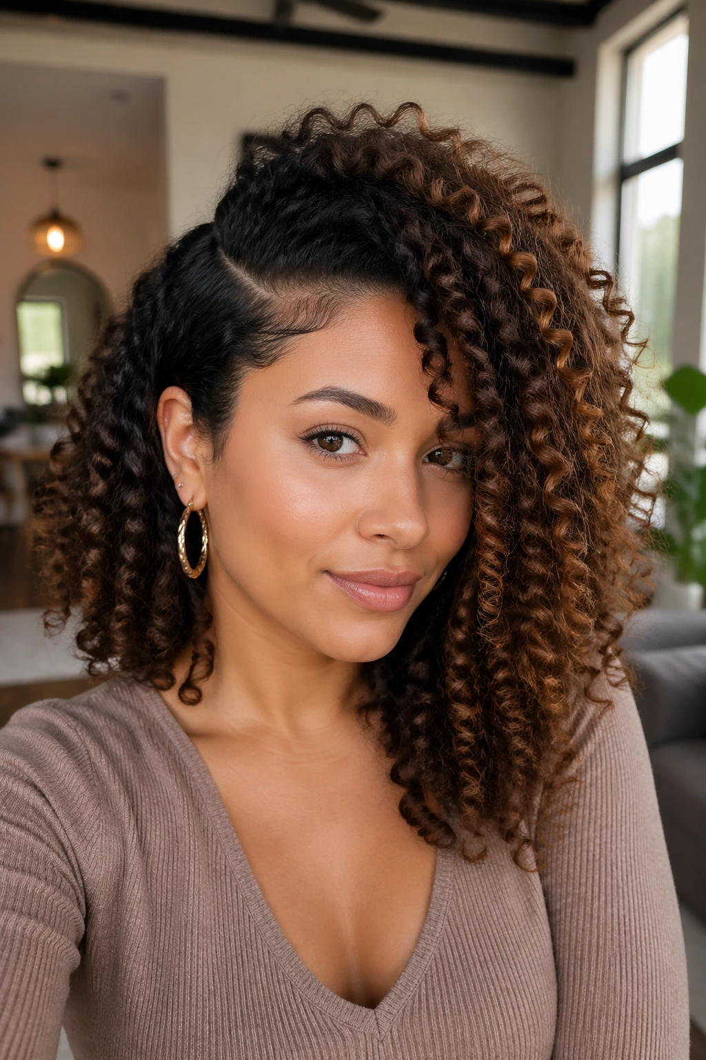 Close-up portrait of a real woman with a deep side part in curly hair, warm natural window light