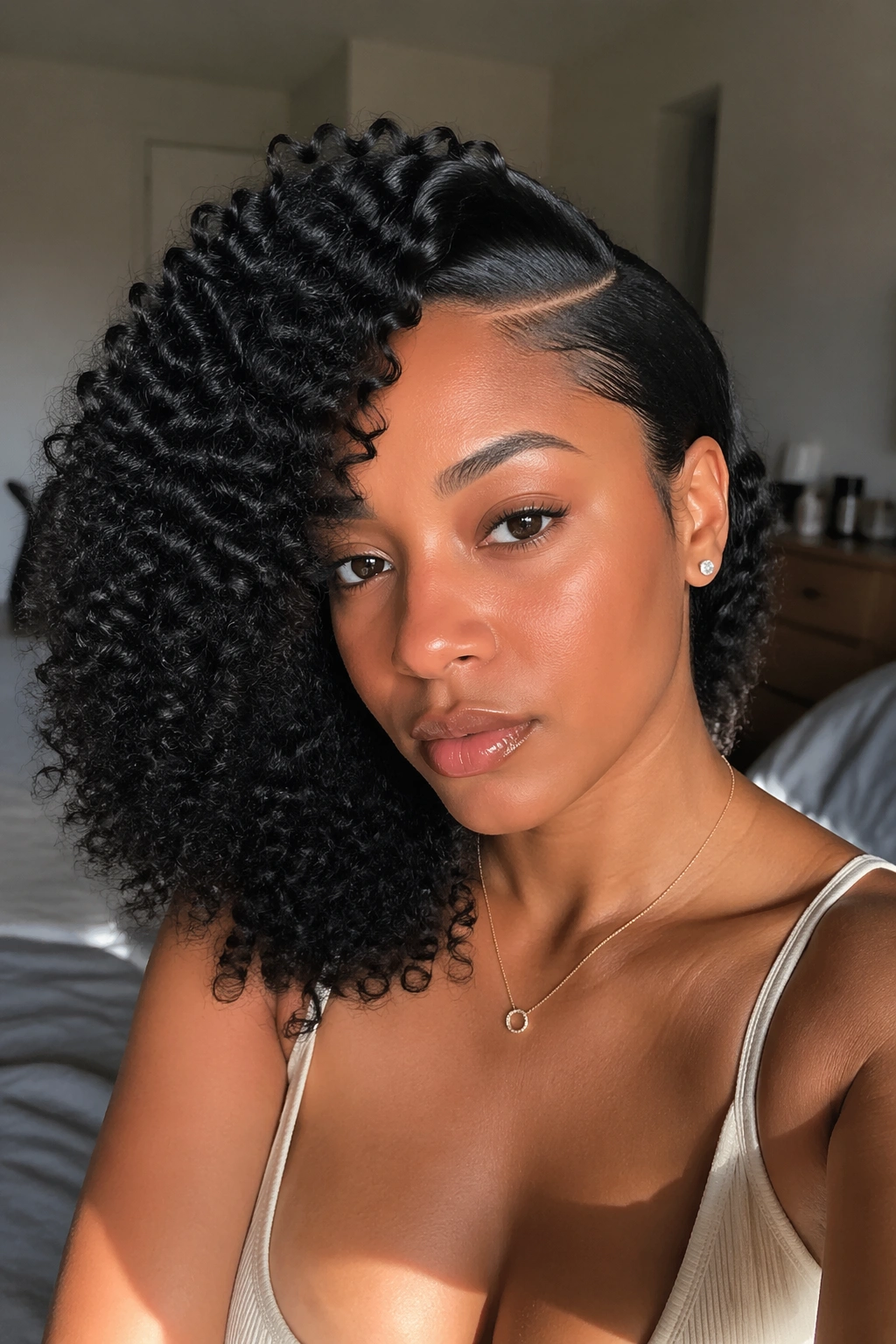 Close-up portrait of a real Black woman with a deep side-part curly hairstyle in warm window light