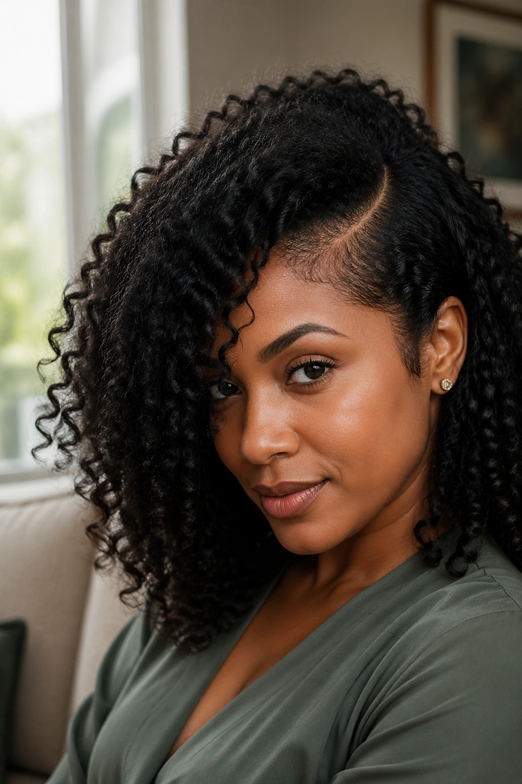 Close-up of a real woman with a deep side-parted curly hairstyle