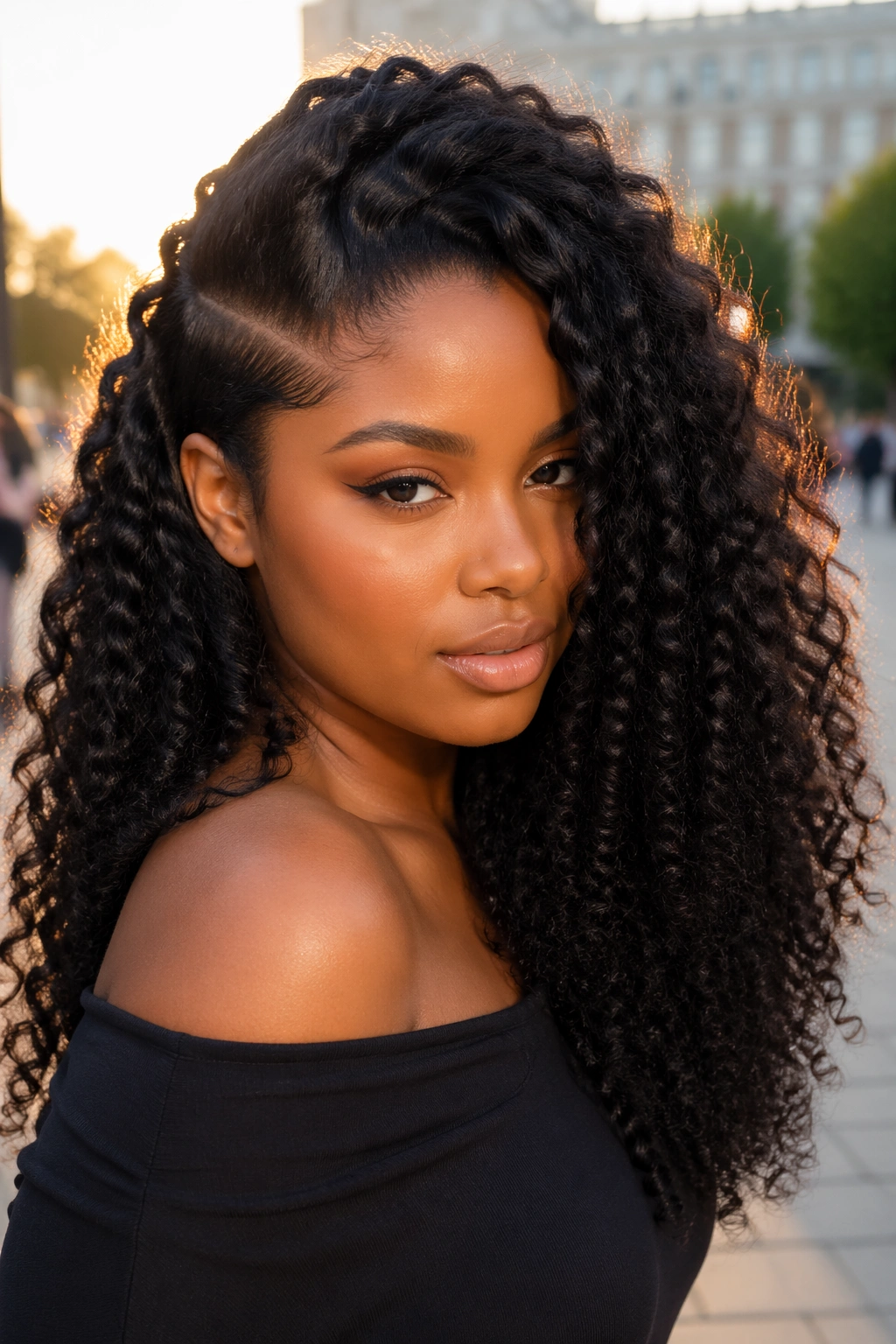 Close-up of a Black woman with a deep side part and sweeping volume