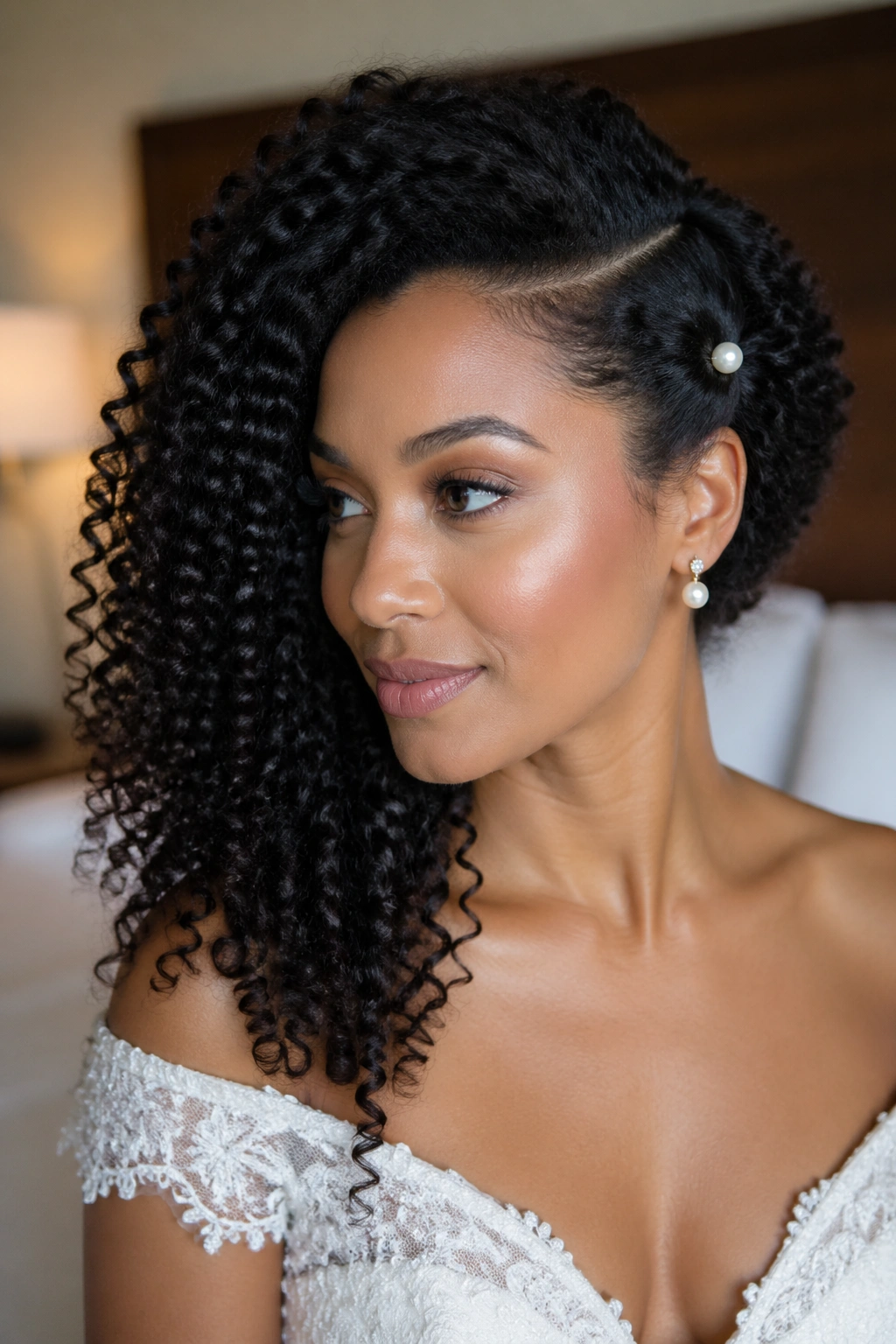 Close-up of a real bride with a dramatic deep side part and curls framing the face