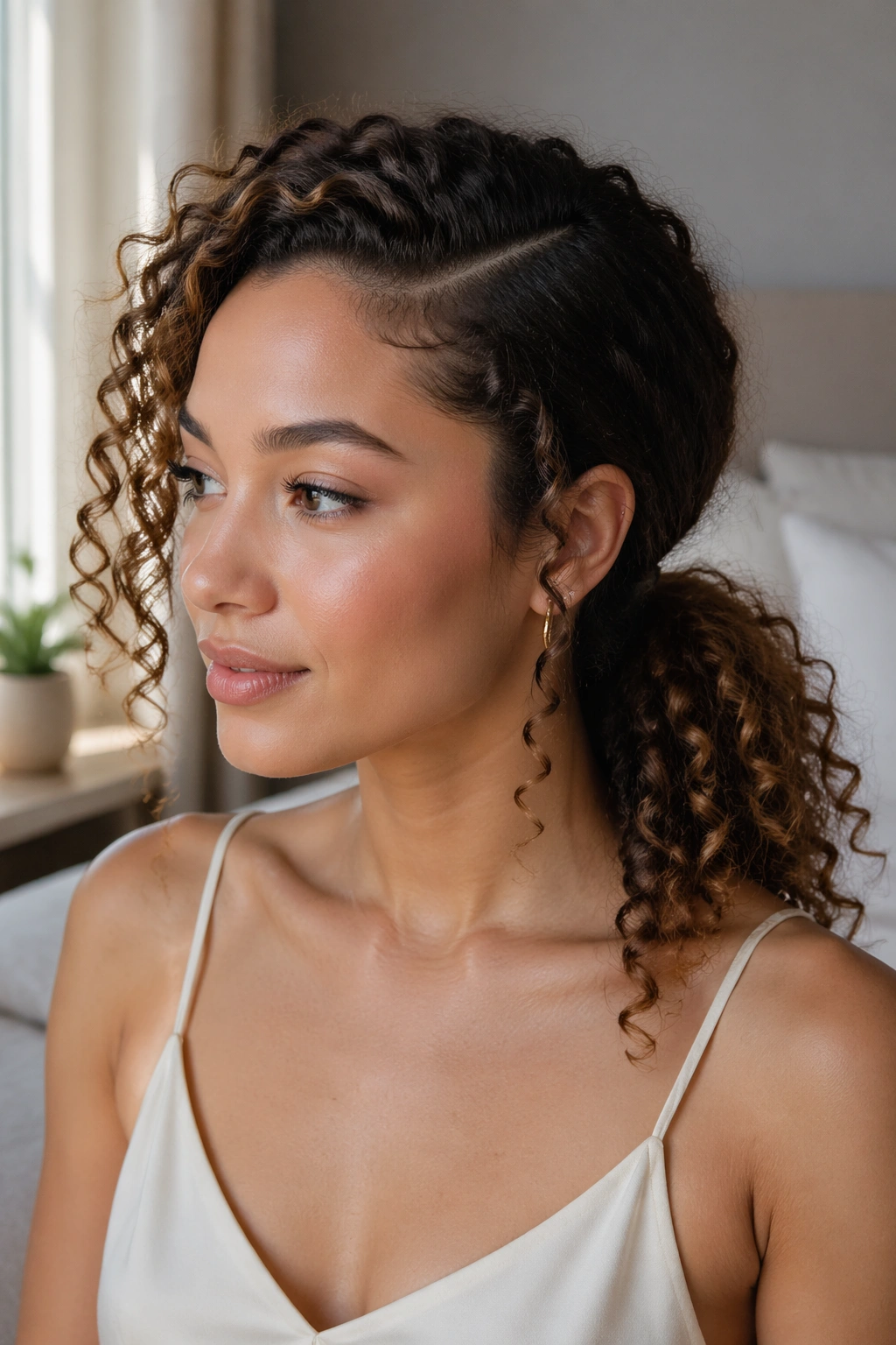 Close-up of a real woman with a deep side-part ponytail on curly hair, natural window light.