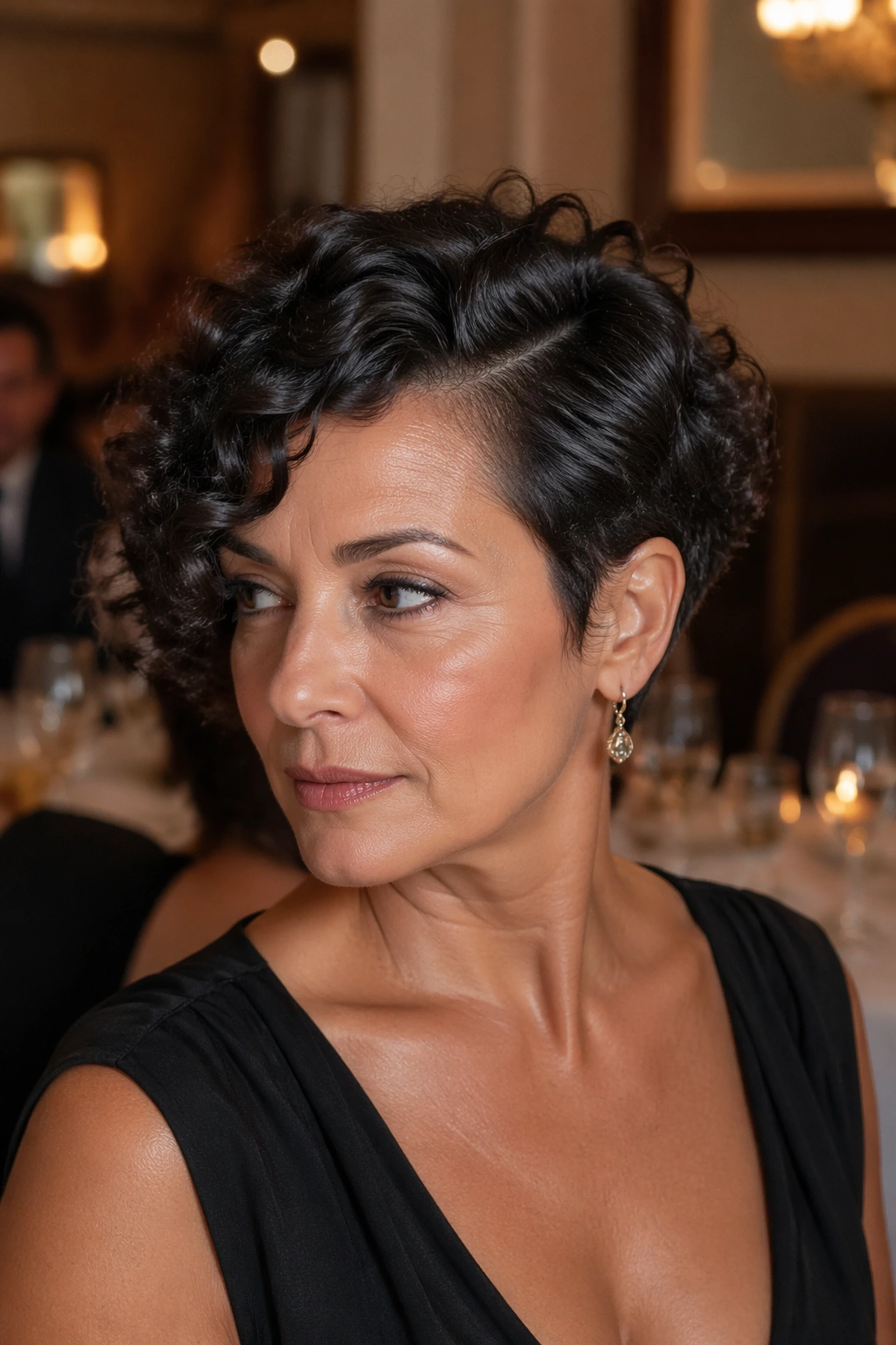 Real woman with deep side-part curly pixie, dressier look