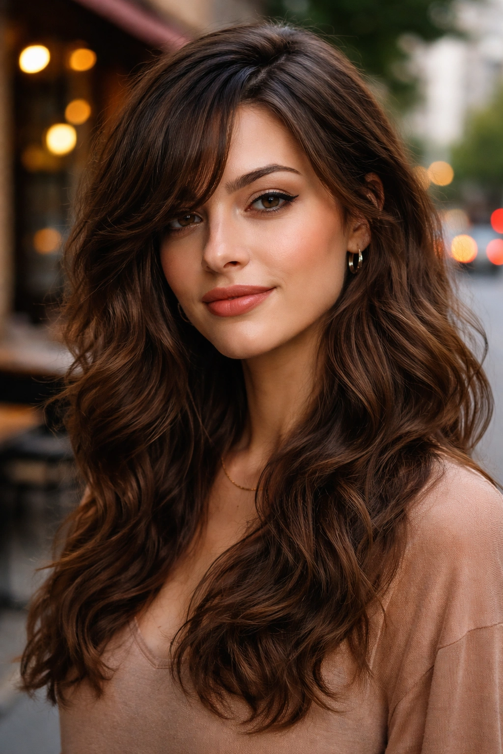 Close-up of a real person with deep side-part curtain bangs
