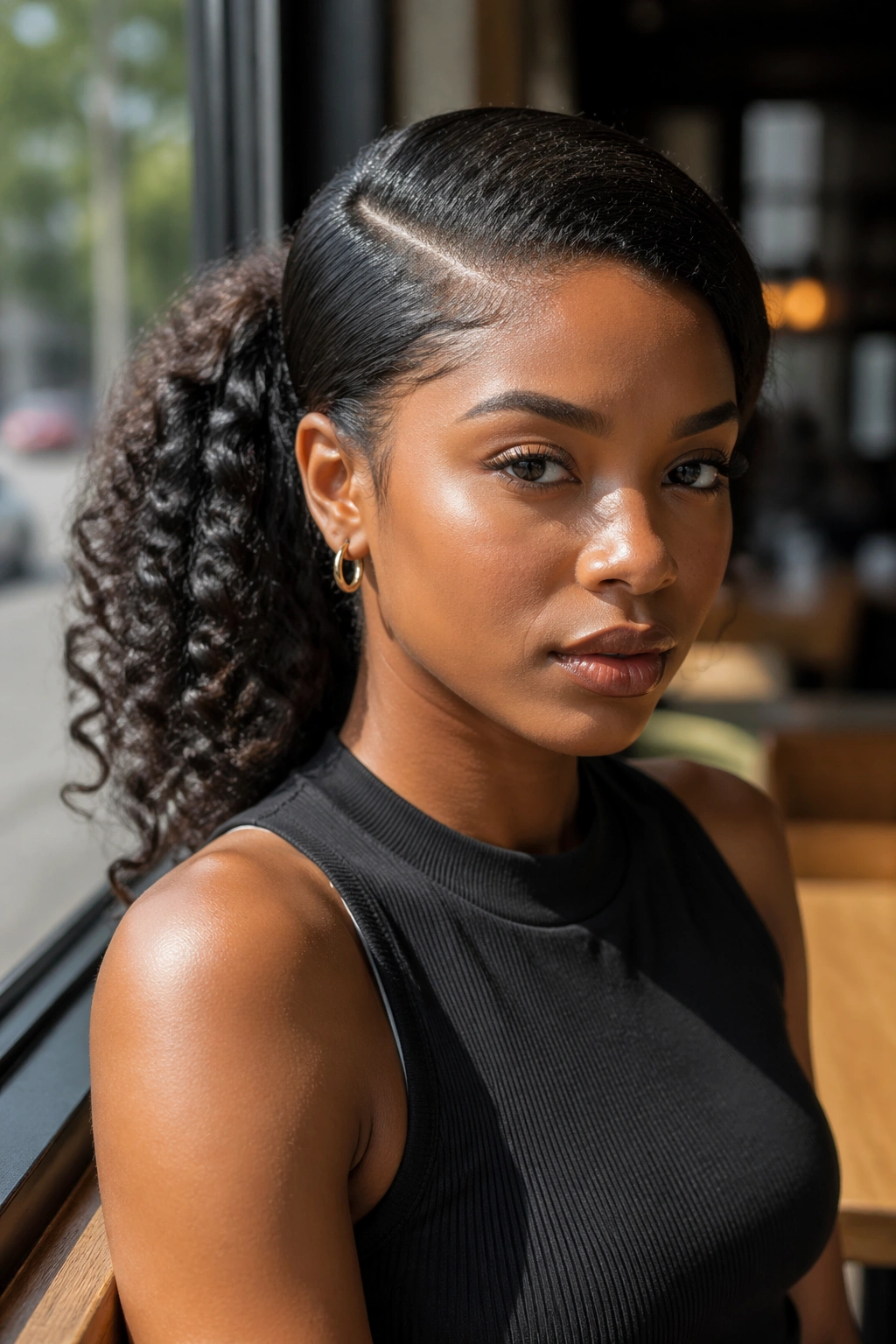 Close-up portrait of a real woman with a deep side-part drawstring ponytail at a cafe window