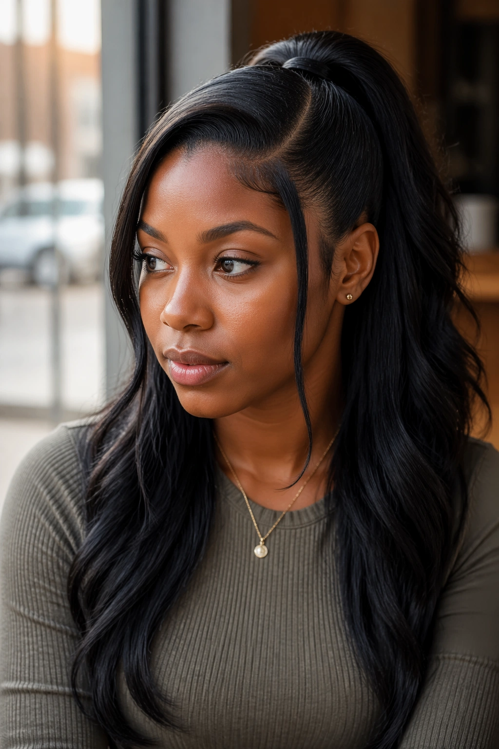 Medium close-up of a real woman with a deep side-part half ponytail and face-framing pieces