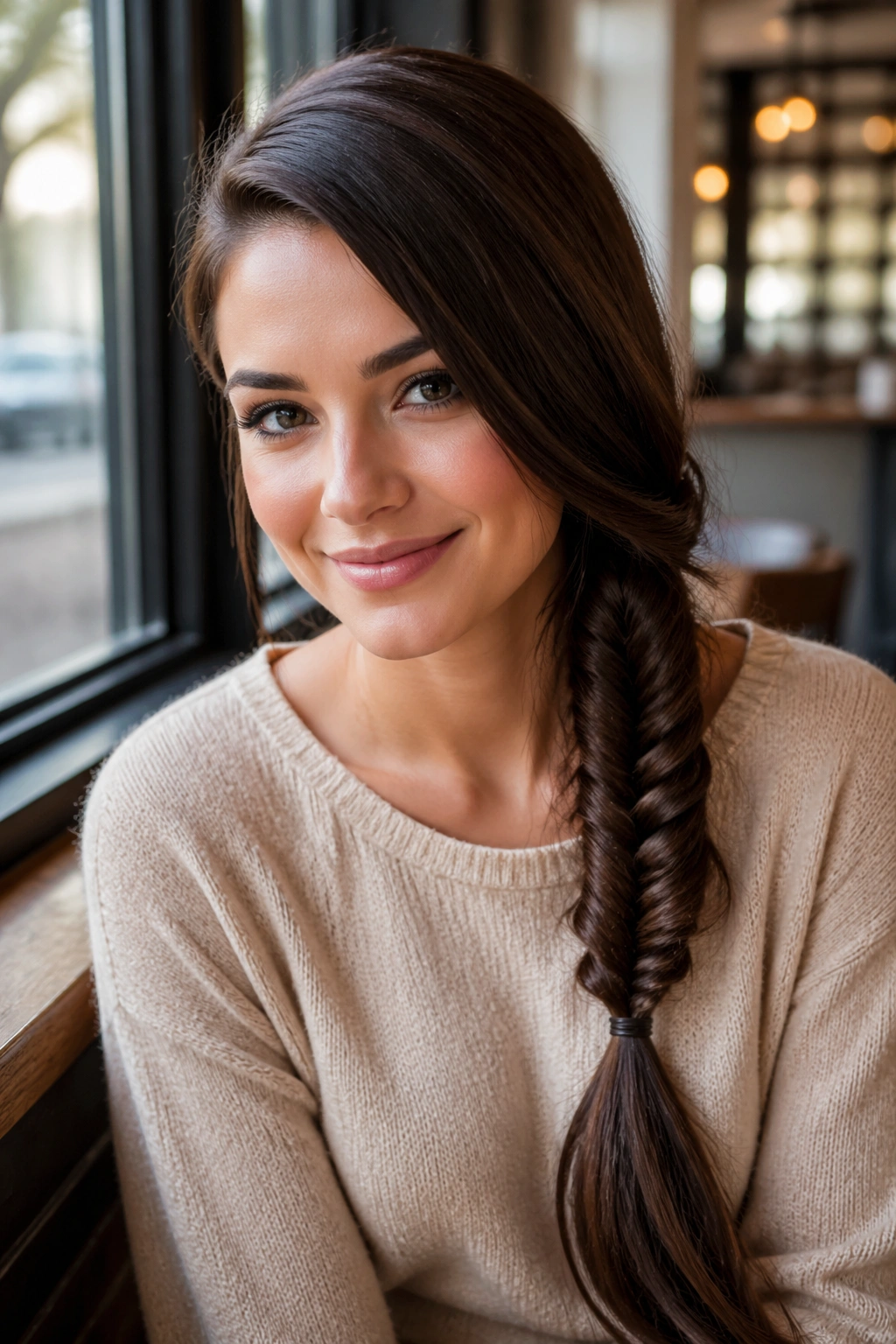 Close-up of a real woman with a deep side-part fishtail ponytail over one shoulder