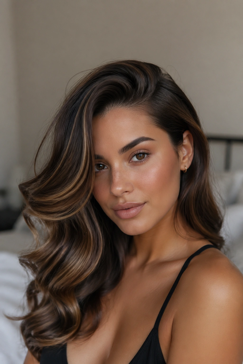 Close-up of a real woman with deep side-part glam waves.
