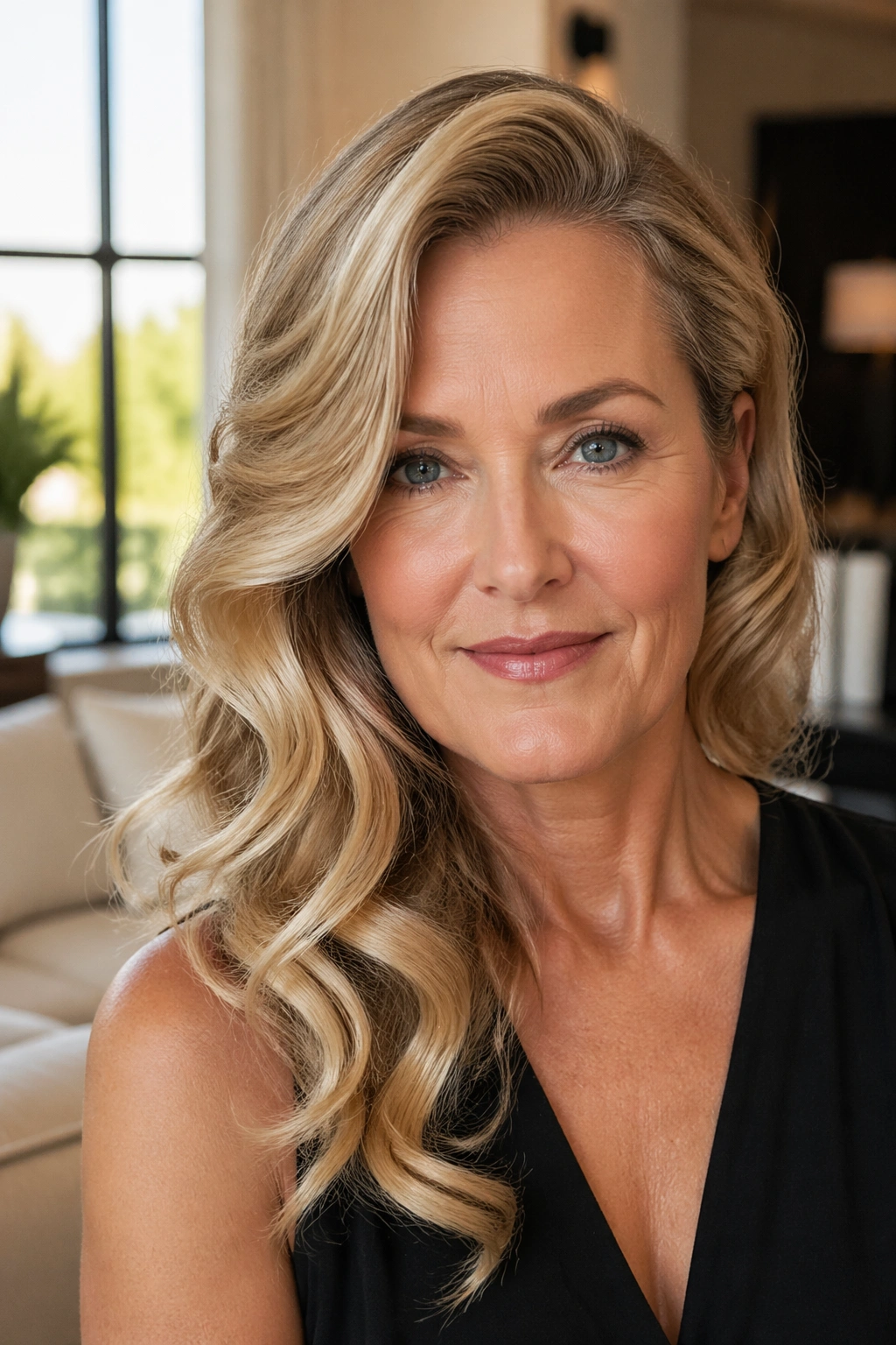 Close-up of a real woman with a deep side-part glamour waves hairstyle