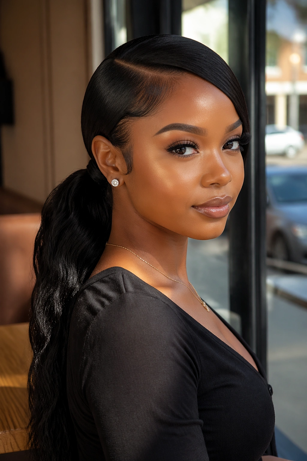 Close-up of a real woman with Deep Side Swoop and glassy edges