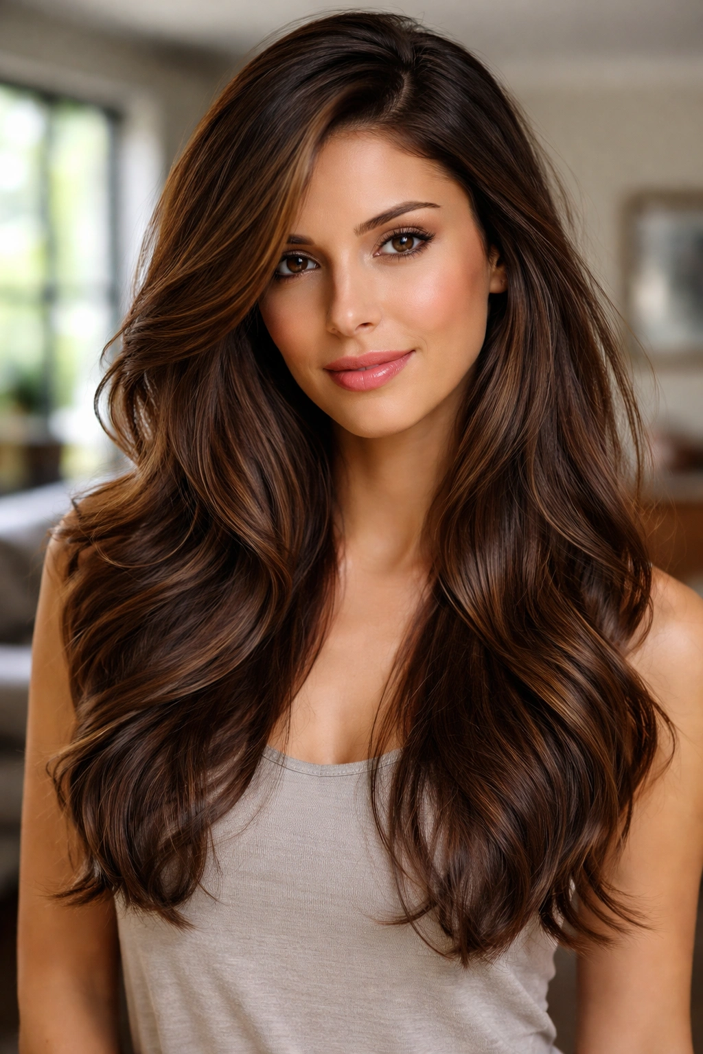 Close-up of real person with deep side part and long layers.