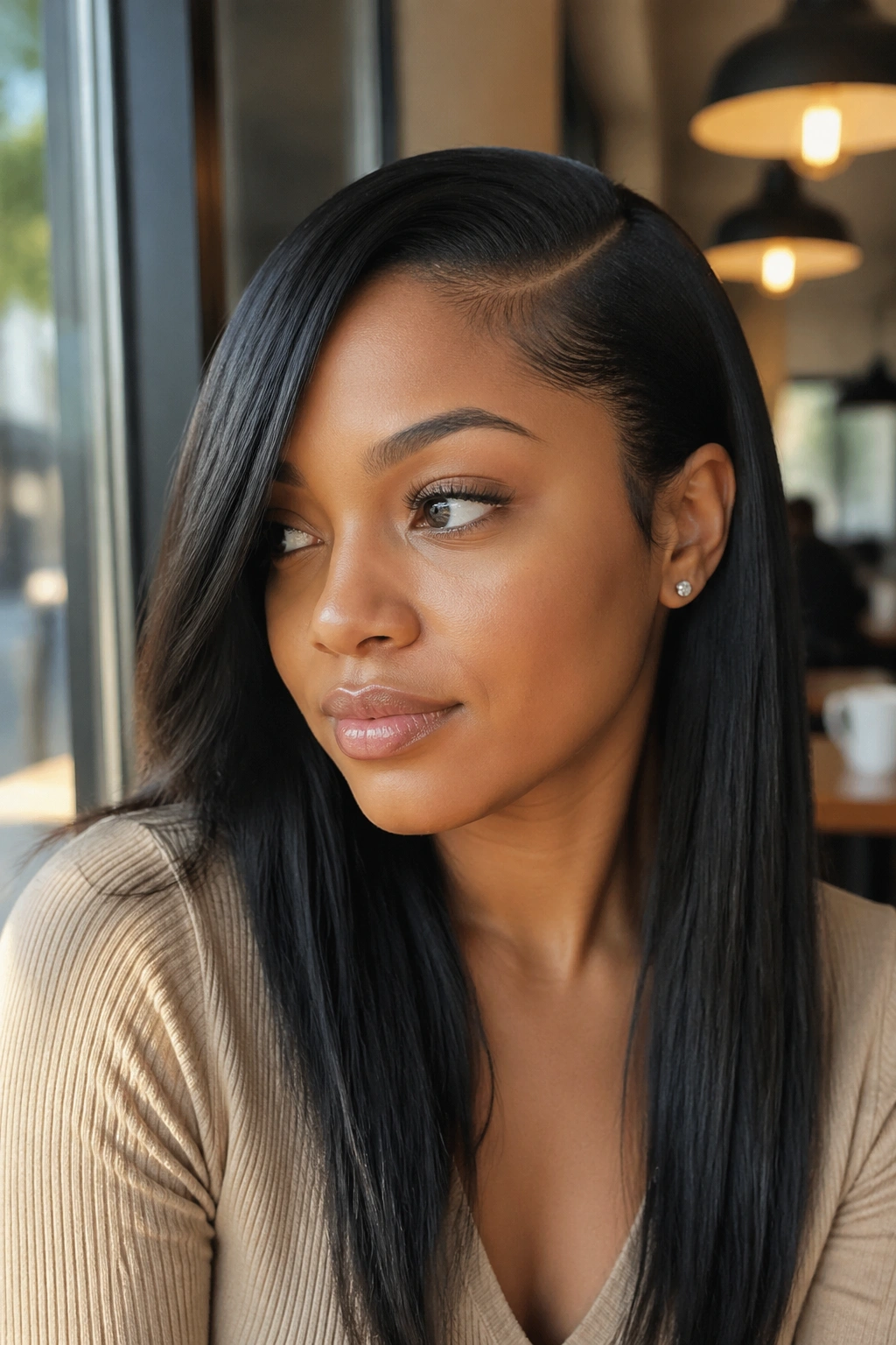 Close-up of a real woman with a deep side part and straightened hair