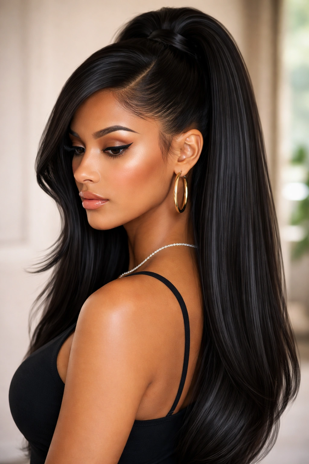 Deep side part sweeping into a half-up hairstyle