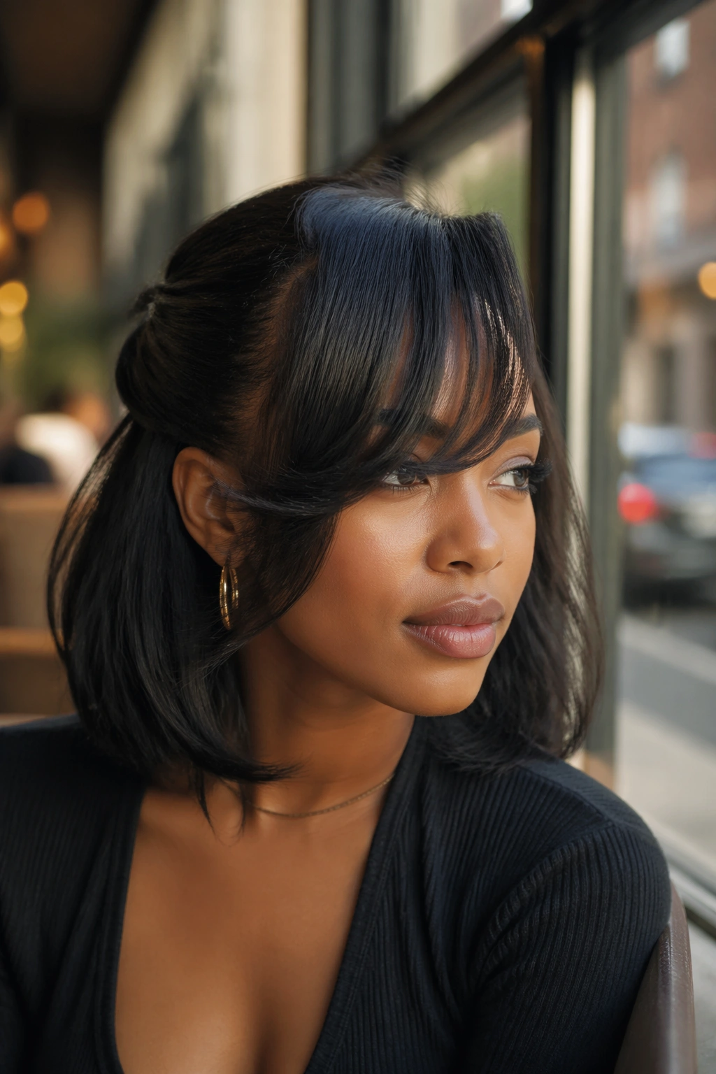 Close-up portrait of a real Black woman with deep side-part half-up and feathered bangs in a sunlit cafe.