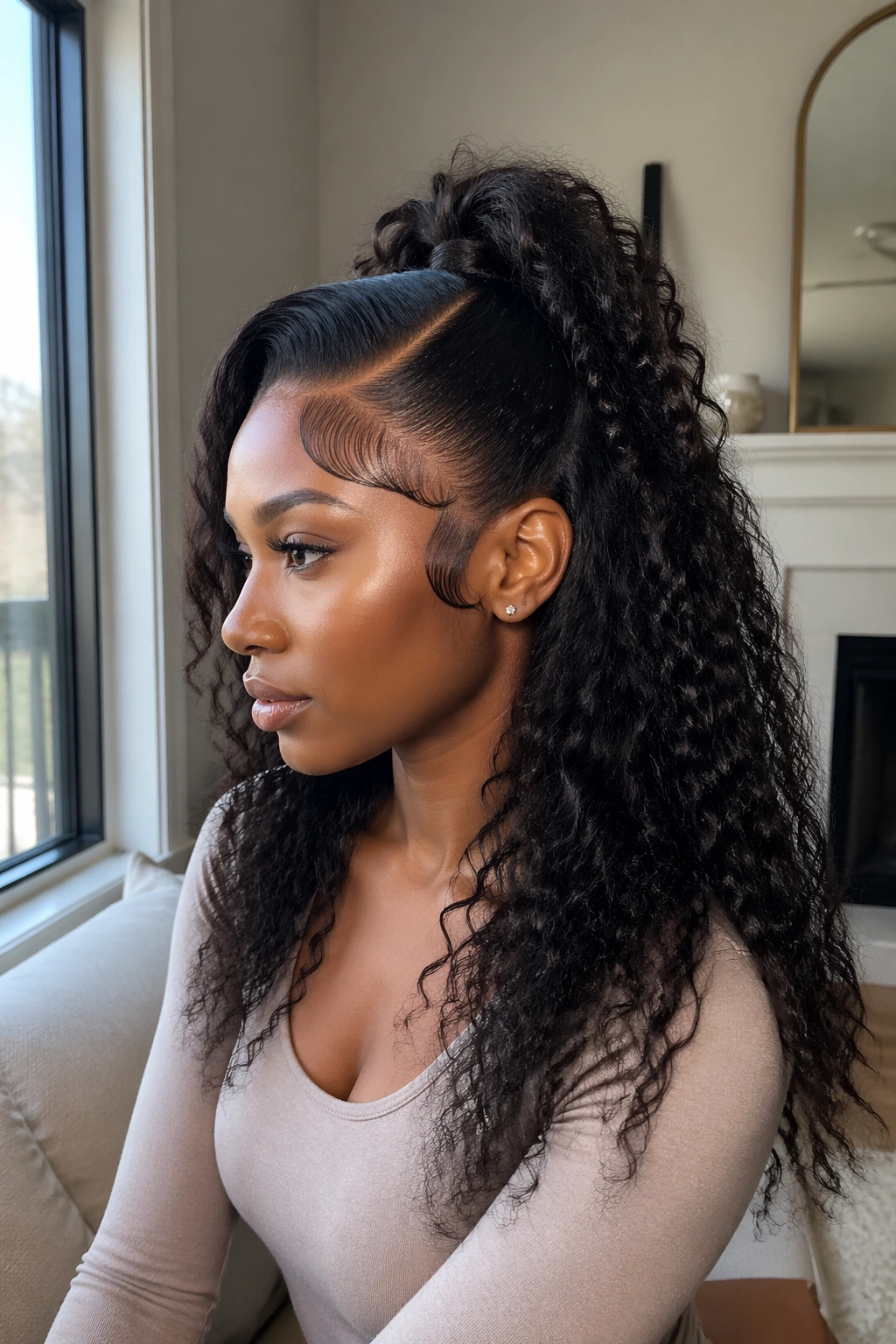 Side-profile view with deep side part and soft baby hairs.