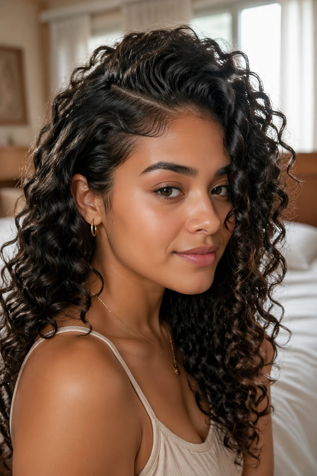 Close-up portrait of a real woman with a deep side part and a hidden butterfly clip lifting the crown.