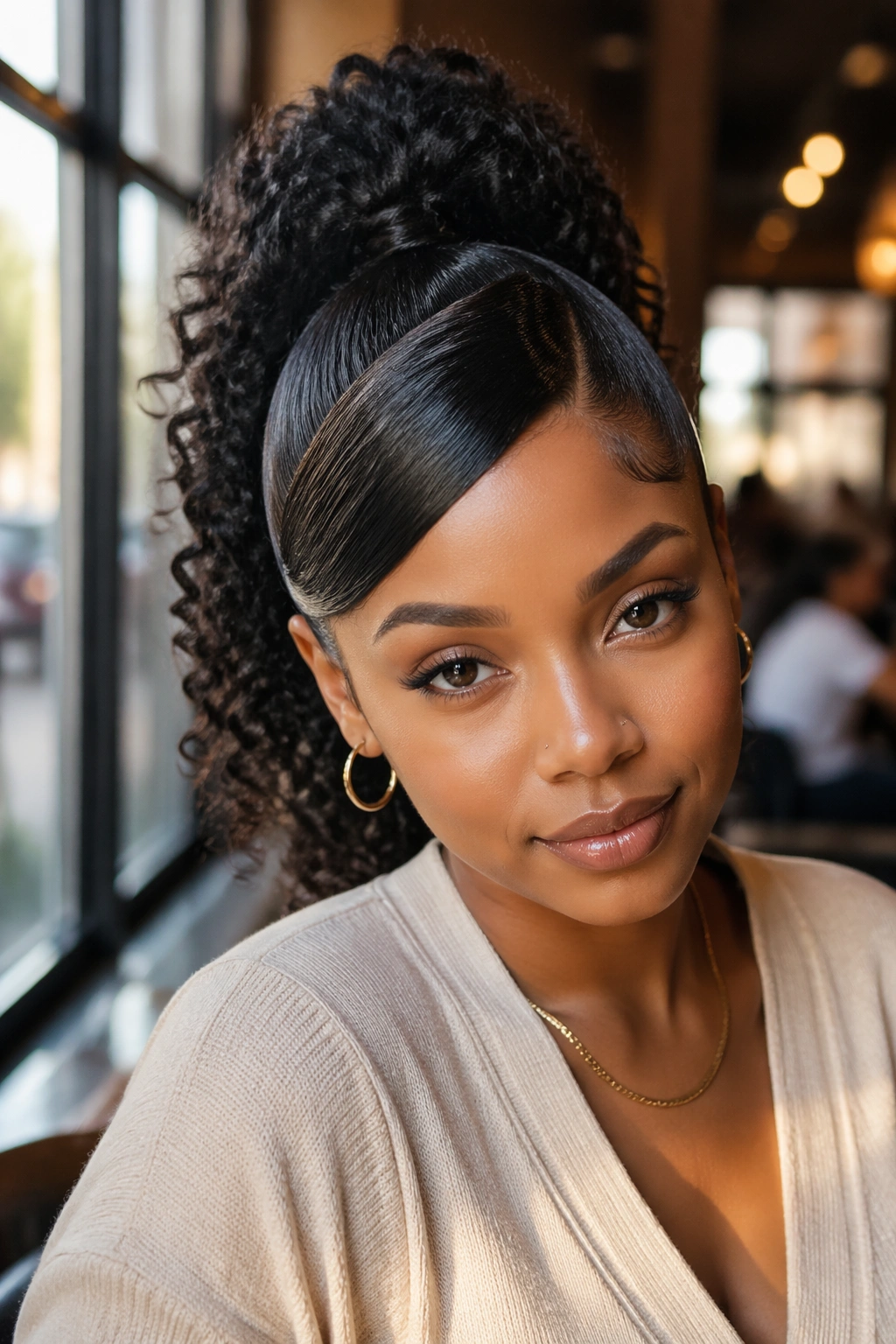 Close-up of a real woman with a deep side part and high ponytail.