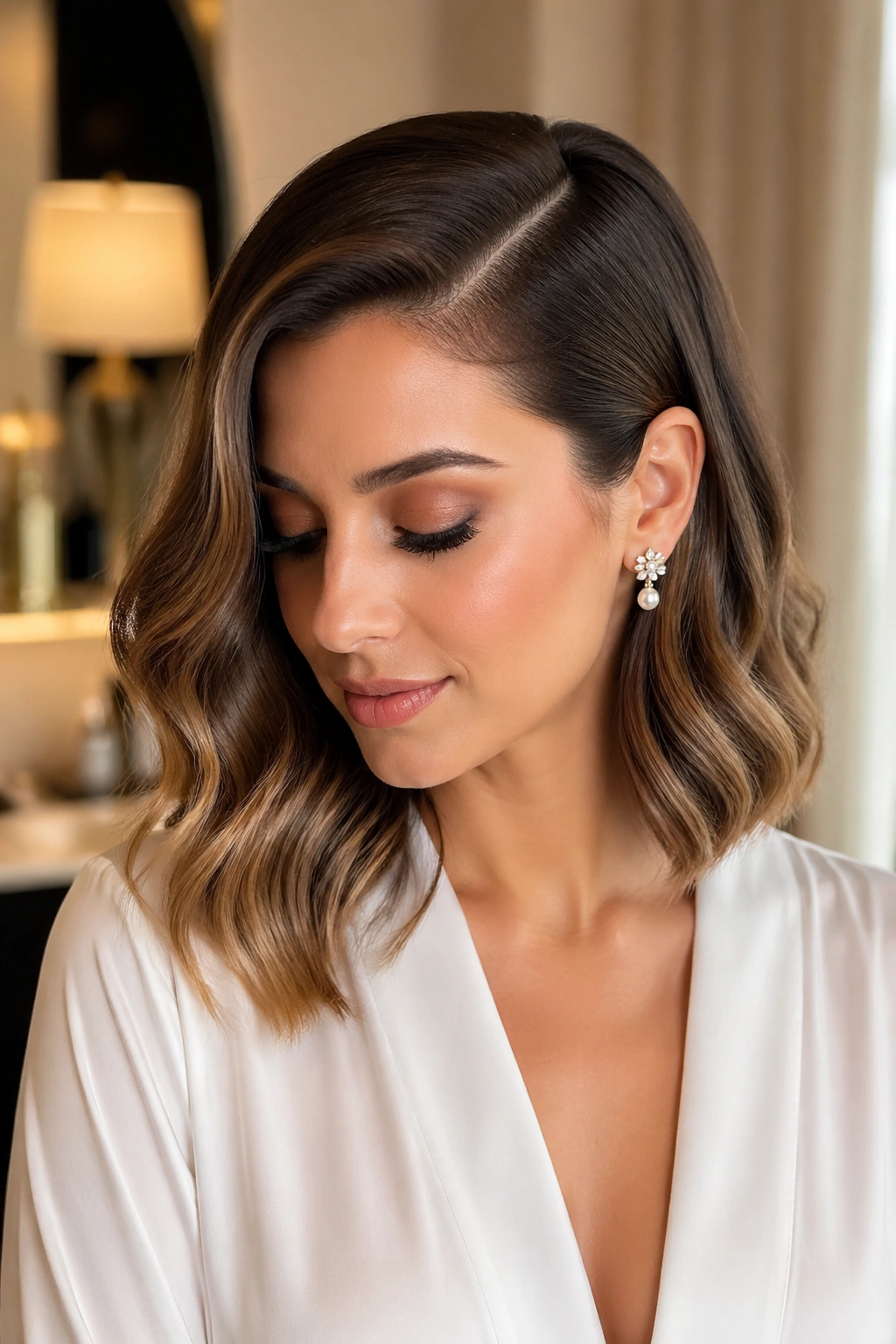 Close-up of real woman with a deep side-part Hollywood lob and glossy waves
