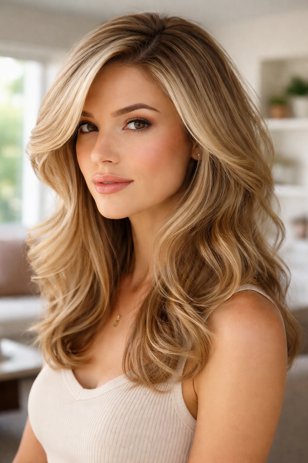 Close-up of a real woman with a deep side-part and layered waves
