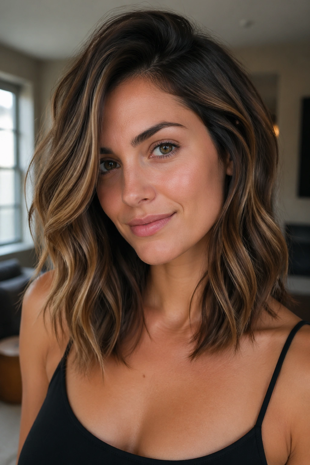 Close-up portrait of a real woman with deep side part and face-framing layers