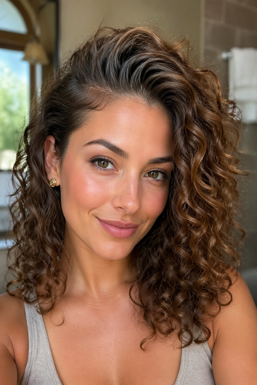 Portrait of a real woman with a deep side part and lifted roots.