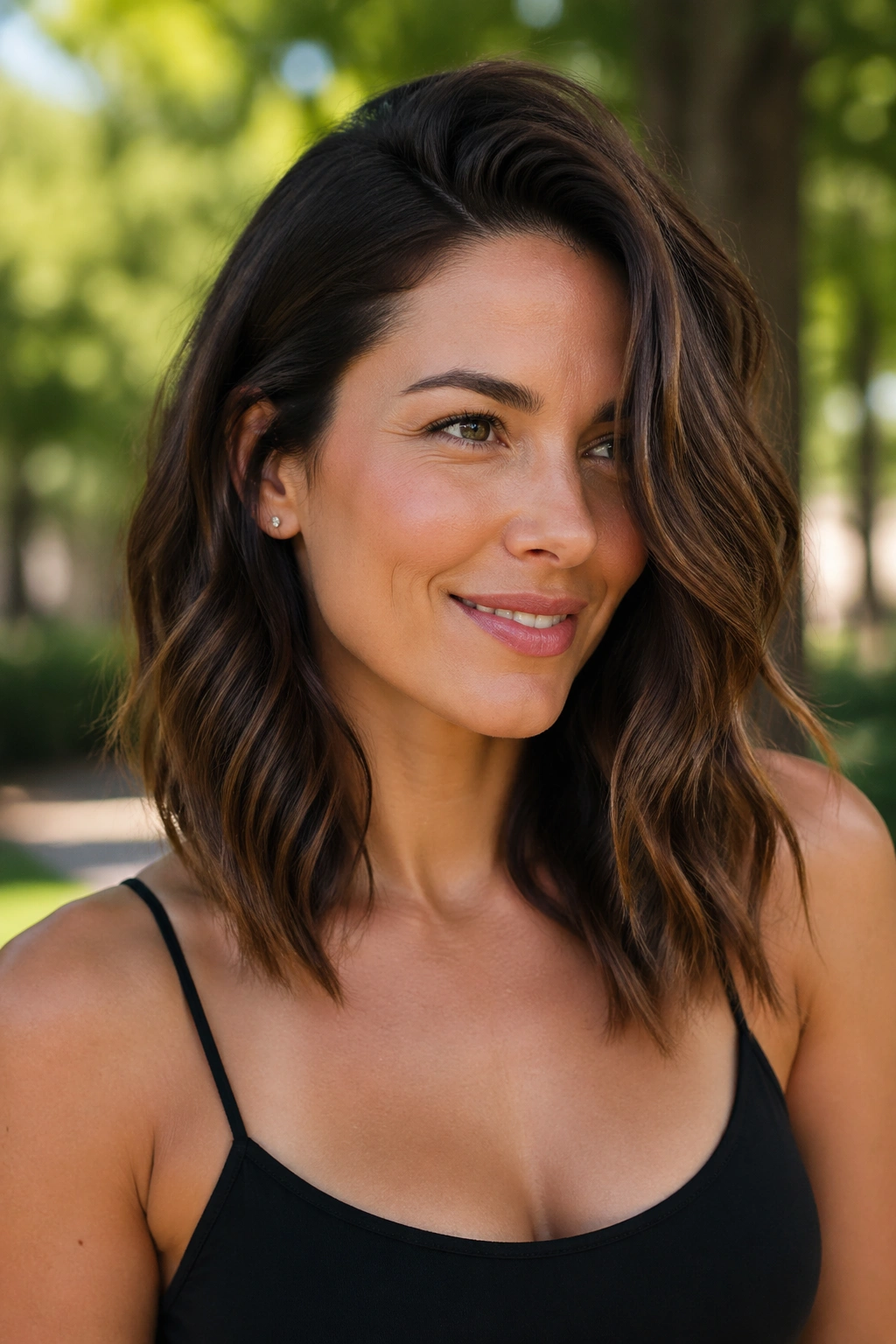 Three-quarter view of a woman with a deep side-part and lifted roots.