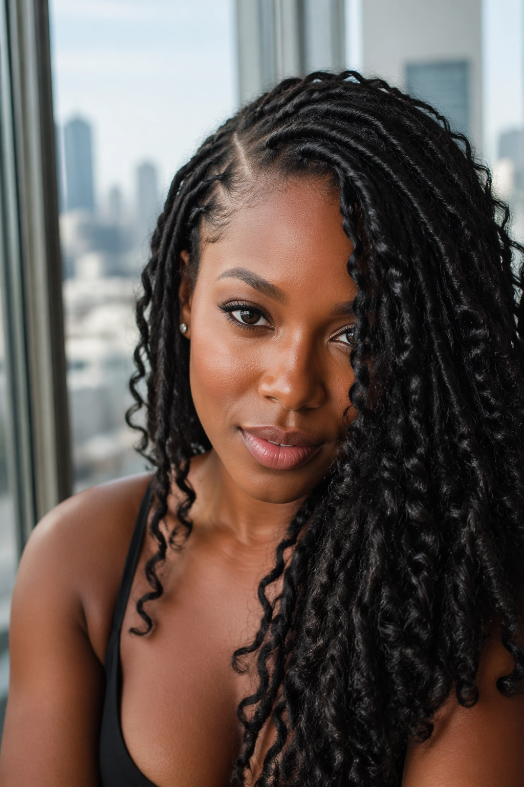 Real person with deep side-part curly faux locs, diagonal part and heavier curls on one side.