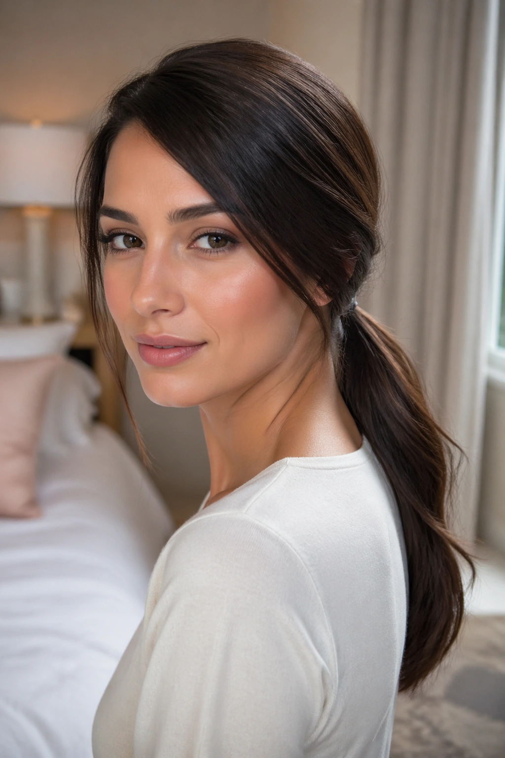 Close-up of a real woman with Deep Side-Part Low Ponytail