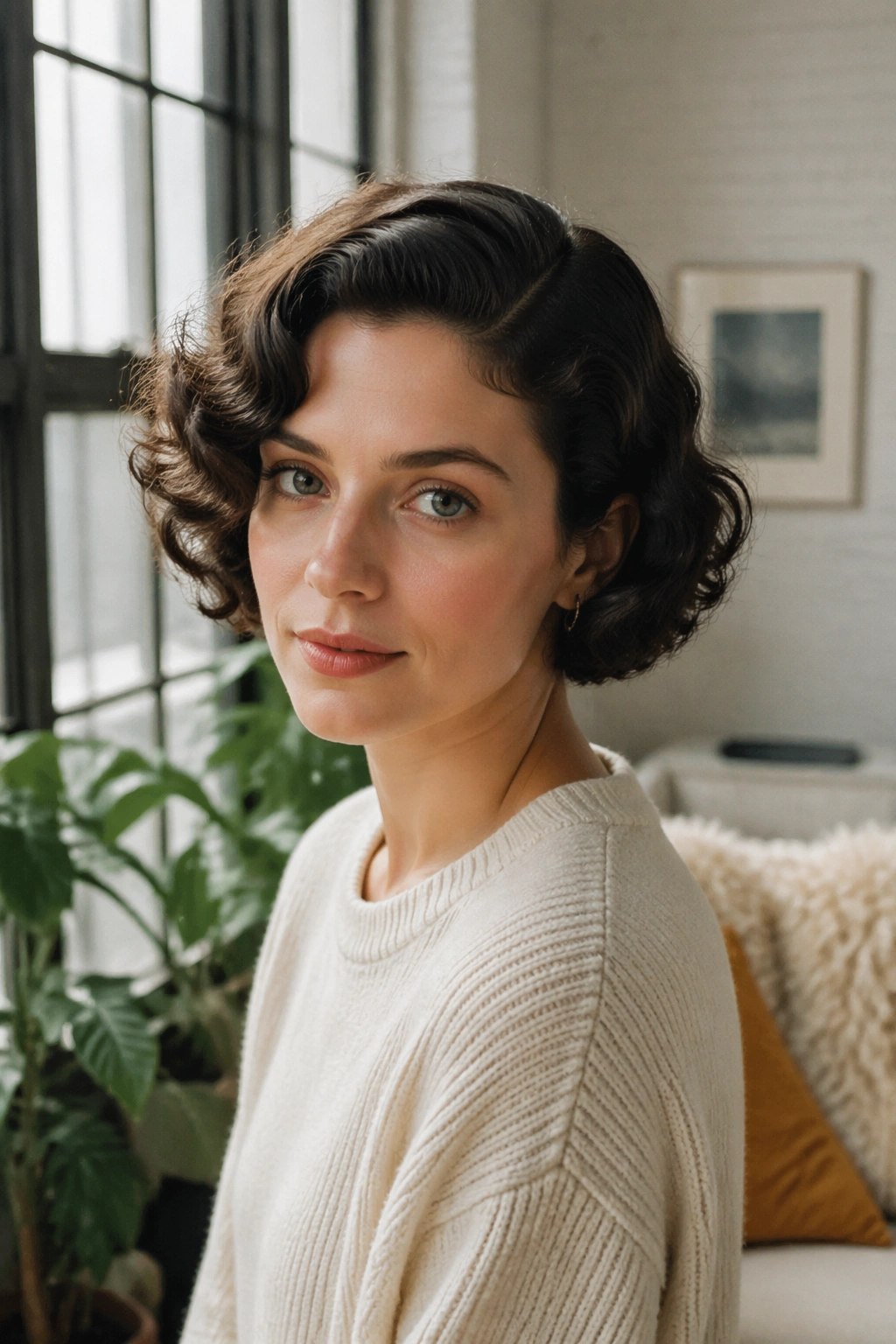 Wide shot of deep side part Marcel waves on a curly bob.