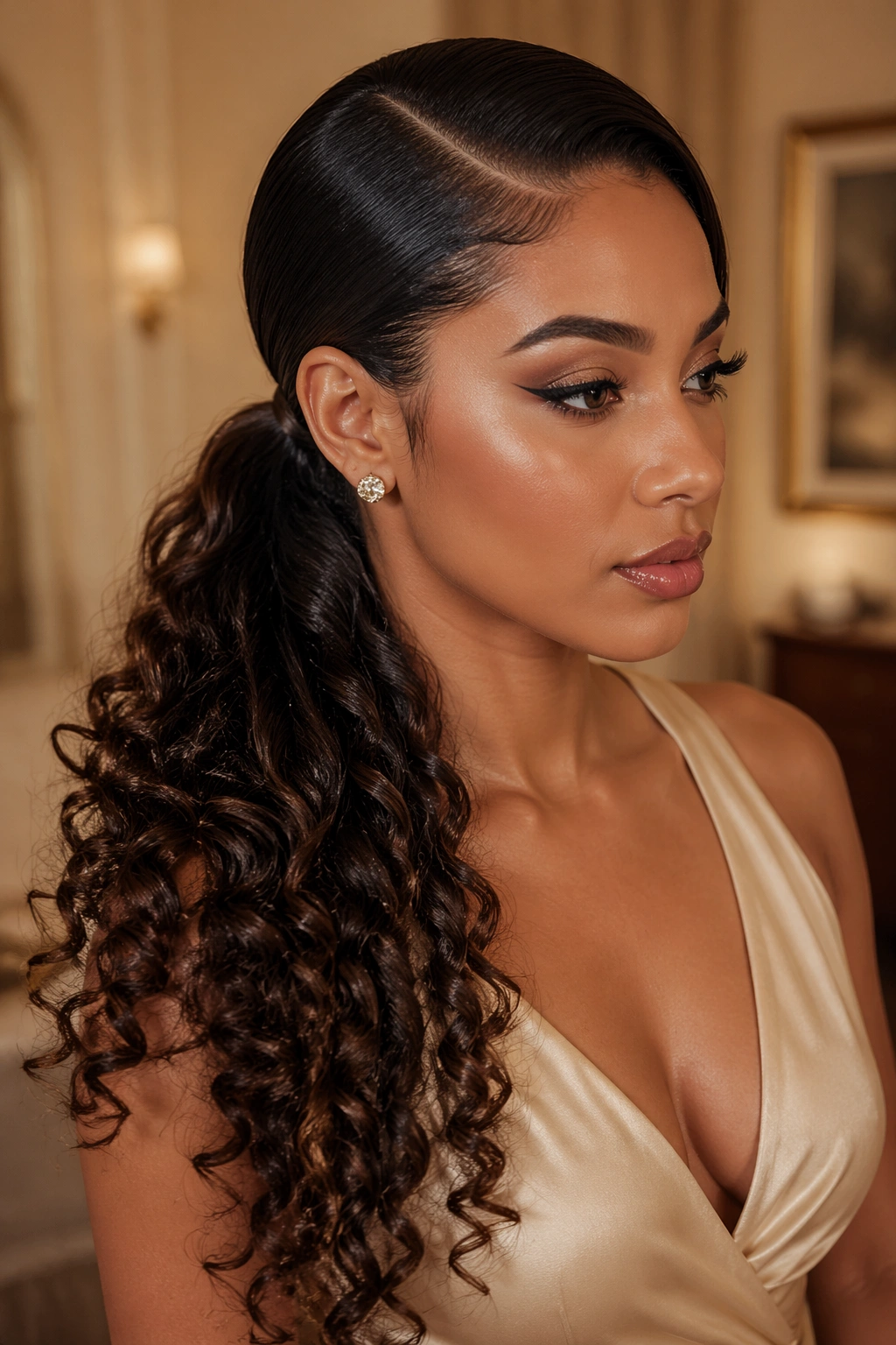Close-up of deep side-part old-Hollywood ponytail on a real person