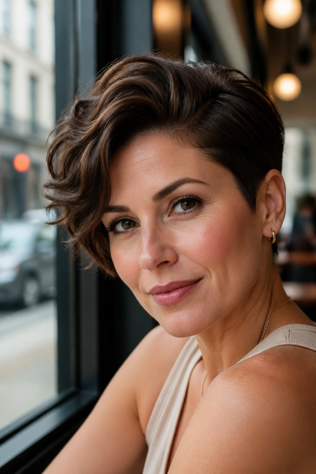Close-up of a real woman with a deep side-part pixie