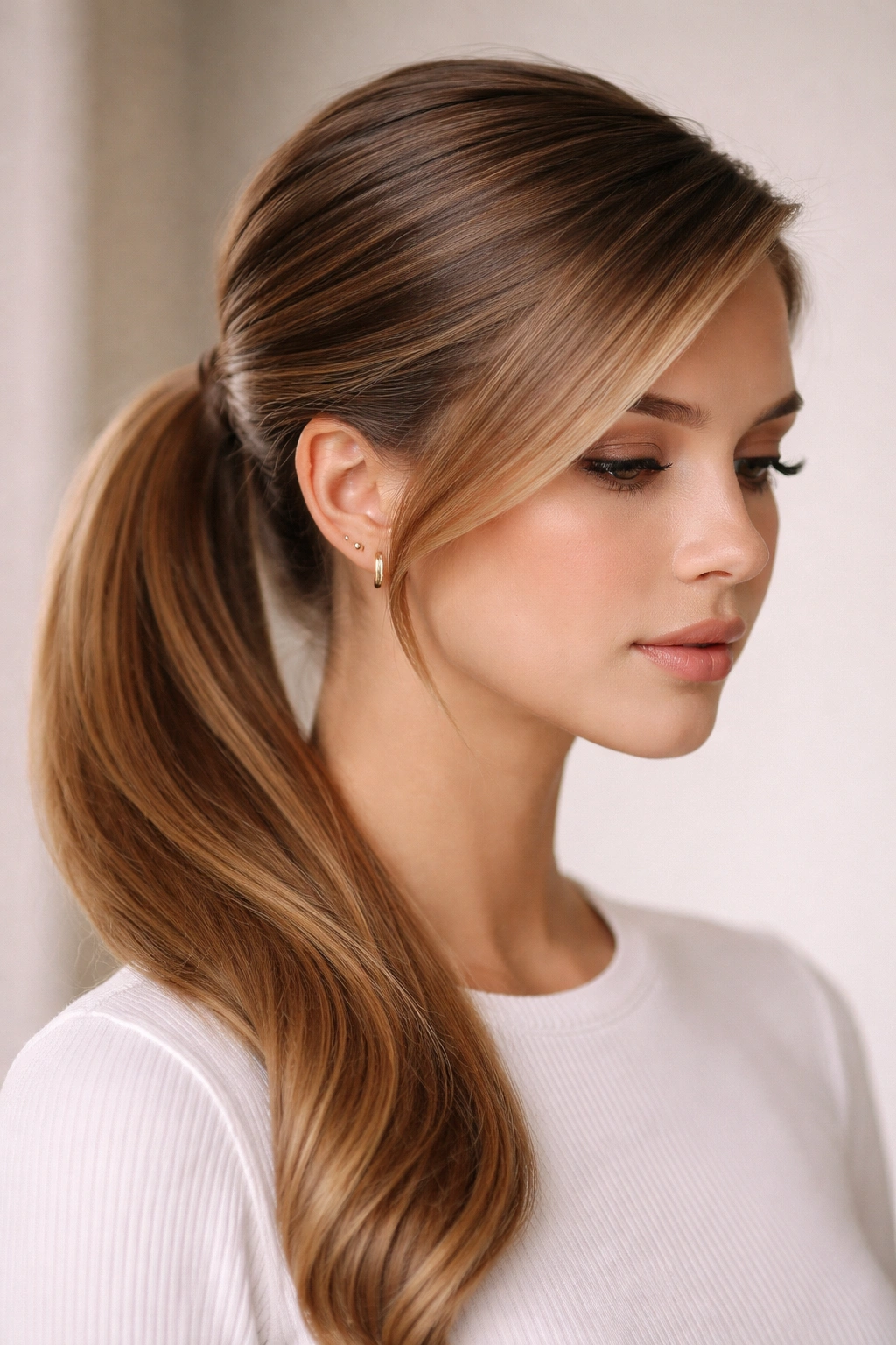 Side view of a deep side part with hair swept to one side and tied at the nape