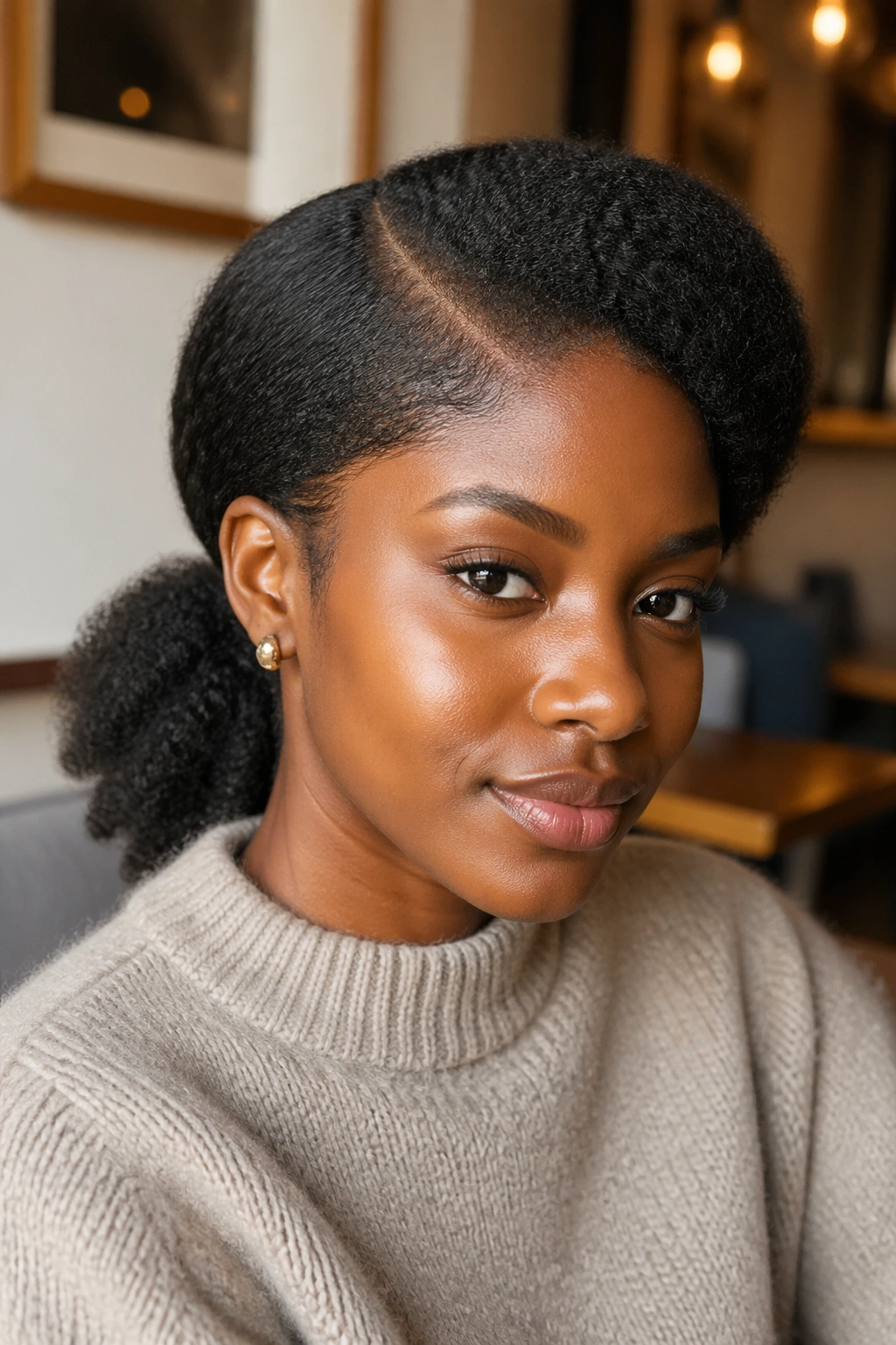 Deep side-part low ponytail on a real person with 4C hair, warm ambient light