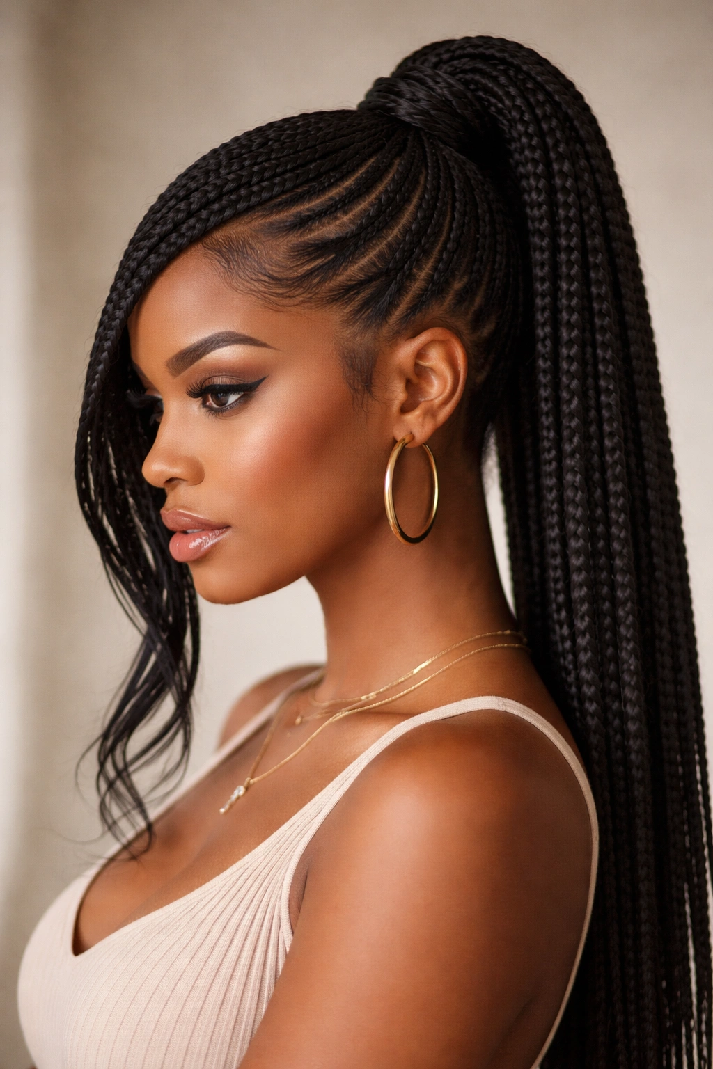 Deep side-parted high ponytail with diagonally swept braids