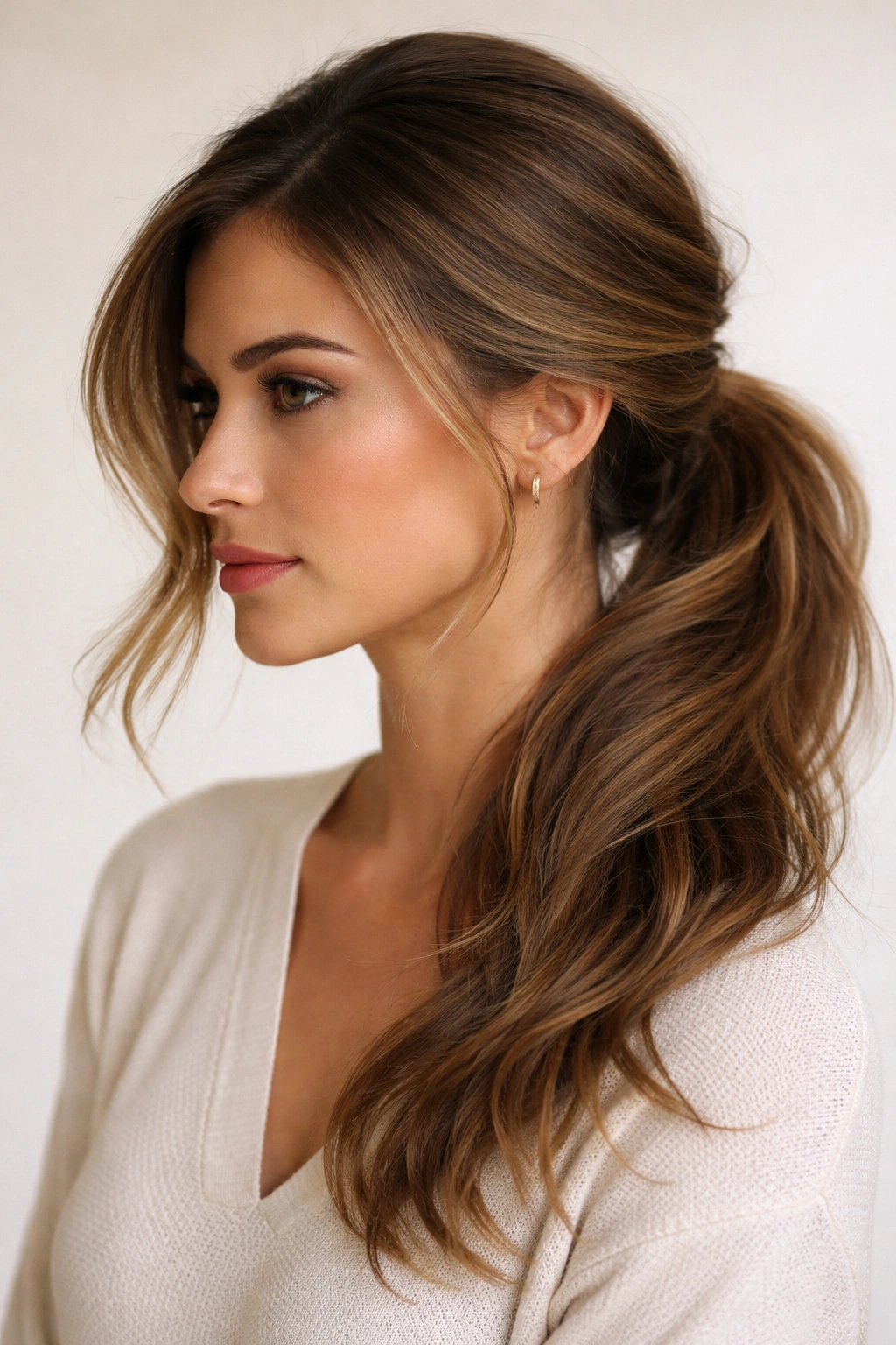 Side ponytail with deep side part and voluminous roots