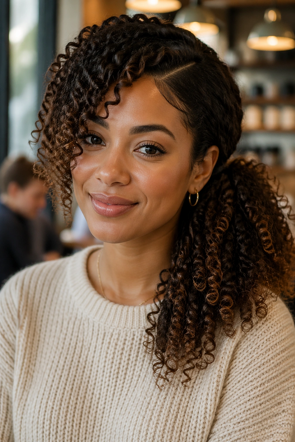 Close-up of a real person with a deep side-part ponytail in a cafe setting