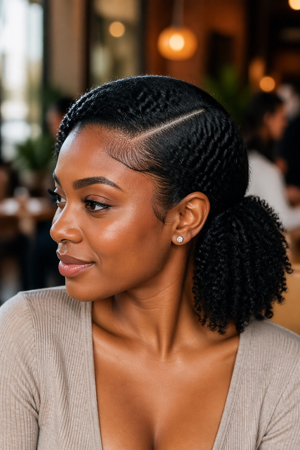 Real woman with deep side part ponytail in cafe lighting