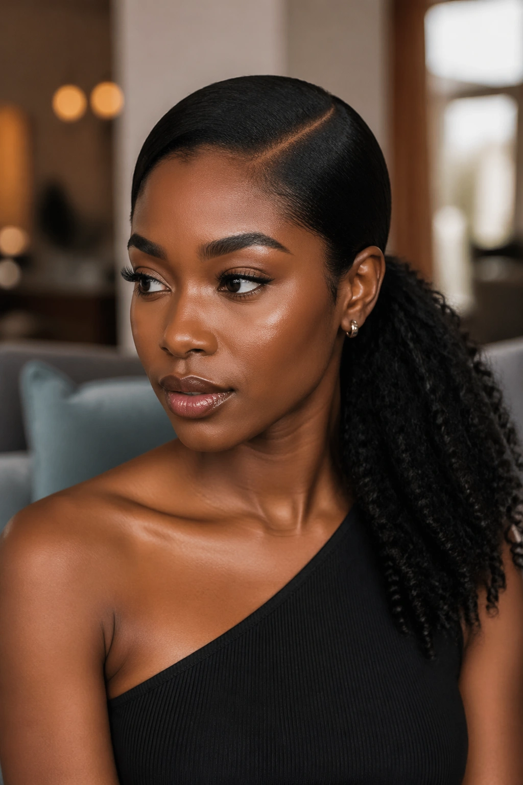 Woman with deep side part and low ponytail in a chic indoor setting
