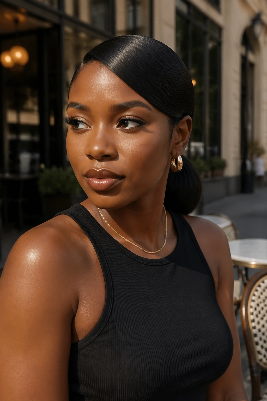 Black woman with deep side-part low ponytail at nape, three-quarter view