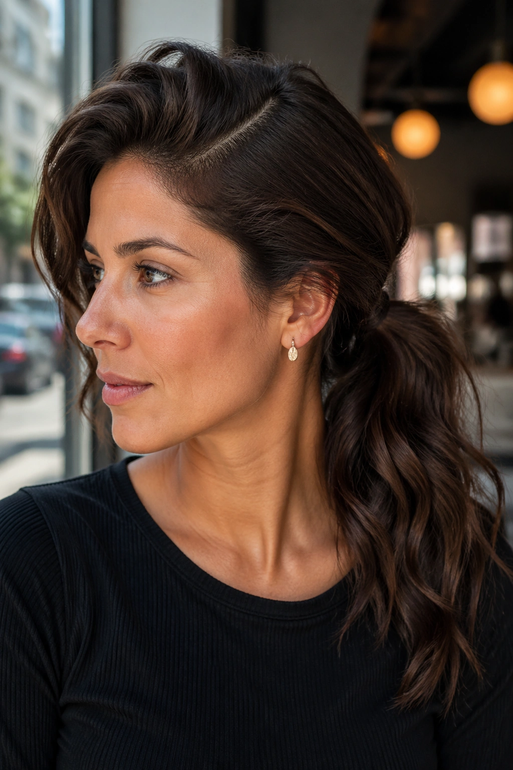 Close-up of a real woman with a deep side part and wavy ponytail
